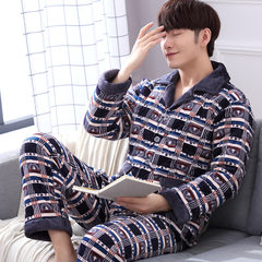 Clip cotton pajamas male winter coral fleece three layer with velvet suit young Korean warm flannel suit Home Furnishing XL [no pilling] Blue gray