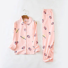 Japanese men and women pajamas cotton long sleeved cardigan dress autumn couple thin Home Furnishing suit spring cotton L (110-128 Jin) Pink strawberry