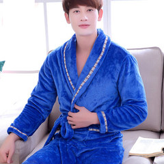 Men's robe flannel bathrobe thickened in autumn and winter female Coral Fleece Pajamas long sleeved XL winter lovers 170 (XL) Blue belt yarn - men