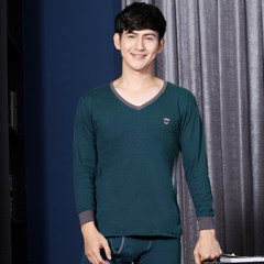 Nanjiren V collar cotton long johns suit young male cotton sweater 'thin backing underwear L Blue Peacock