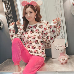 Pajamas, winter flannel, Korean cartoon cute girl coral velvet thickening suit, autumn and winter long sleeve household clothes L (soft and warm) Rose red is full of Mickey