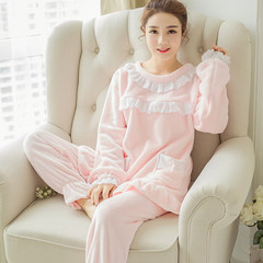 Autumn and winter Korean coral velvet long sleeve lace pajamas lady thickening lovely lace warm flannel home wear XL Pink