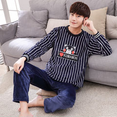 Autumn and winter thickening coral velvet pajamas, men and women add fertilizer, flannel pajamas home suit Standard L90-110 Jin blue black