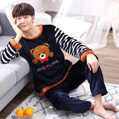 Autumn and winter thickening coral velvet pajamas, men and women add fertilizer, flannel pajamas home suit Standard L90-110 Jin Heibaolan
