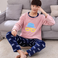 Autumn and winter thickening coral velvet pajamas, men and women add fertilizer, flannel pajamas home suit Standard L90-110 Jin Peach powder