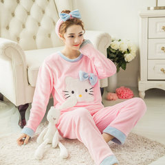 Coral Fleece Pajamas female winter sweet flannel large thickened long sleeved student cartoon head Home Furnishing clothing Qiu dongkuan code set 3XL [suggestion 135-155 Jin] Pink sprout KT