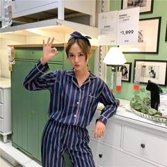 Pajamas women autumn cotton, summer long sleeve, Korean style loose, fresh and lovely, casual home wear, wearing two sets of students S Stripe Blue 12