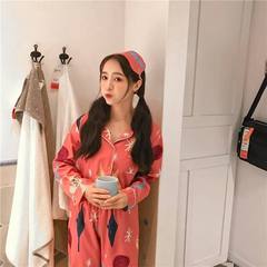 Pajamas women autumn cotton, summer long sleeve, Korean style loose, fresh and lovely, casual home wear, wearing two sets of students S Xingyue printing dark red No. 15