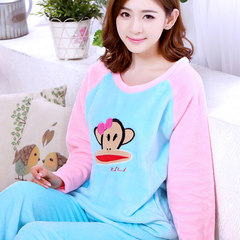 Pajamas, women, thickening flannel, long sleeves, autumn and winter coral velvet suits, home clothes, sweet and lovely girl students S Big mouth monkey blue
