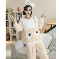 South Korea female 9a11c thick long sleeved pajamas coral fleece hooded flannel suit Home Furnishing lovely warm suit S Rabbit yellow