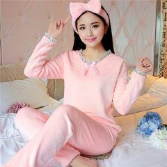 In autumn and winter, thickening flannel, warm pajamas, sweet and lovely women, long sleeved suits, coral hats, winter clothes and winter clothes XXL [height 168-173 weight 140-160] Pink lace