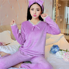 In autumn and winter, thickening flannel, warm pajamas, sweet and lovely women, long sleeved suits, coral hats, winter clothes and winter clothes XXL [height 168-173 weight 140-160] Purple Lace [+ Hair Band]