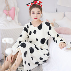 Korean female coral fleece Nightgown in autumn and winter in the long section with cashmere flannel pajamas female lovely thick warm winter M code (80-105) Jin 1712# dot circle