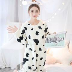 Korean female coral fleece Nightgown in autumn and winter in the long section with cashmere flannel pajamas female lovely thick warm winter M code (80-105) Jin Milky white