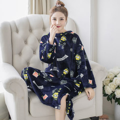 Korean female coral fleece Nightgown in autumn and winter in the long section with cashmere flannel pajamas female lovely thick warm winter M code (80-105) Jin Tibet black