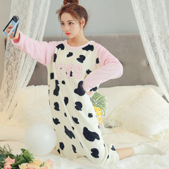 Korean female coral fleece Nightgown in autumn and winter in the long section with cashmere flannel pajamas female lovely thick warm winter M code (80-105) Jin 233# pink cow