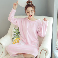 Korean female coral fleece Nightgown in autumn and winter in the long section with cashmere flannel pajamas female lovely thick warm winter M code (80-105) Jin 231# pink love