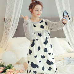 Korean female coral fleece Nightgown in autumn and winter in the long section with cashmere flannel pajamas female lovely thick warm winter M code (80-105) Jin 233# grey cow