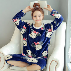 Korean female coral fleece Nightgown in autumn and winter in the long section with cashmere flannel pajamas female lovely thick warm winter M code (80-105) Jin 232# Dark Blue Mickey