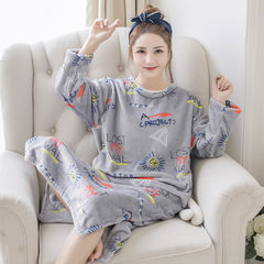 Korean female coral fleece Nightgown in autumn and winter in the long section with cashmere flannel pajamas female lovely thick warm winter M code (80-105) Jin 787# gray graffiti