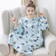 Korean female coral fleece Nightgown in autumn and winter in the long section with cashmere flannel pajamas female lovely thick warm winter M code (80-105) Jin 788# blue ball