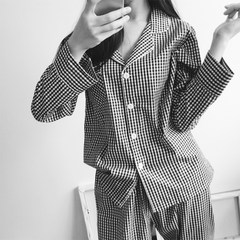 Small female cotton long sleeved pajamas early autumn lovers'suits French students can not afford thin shirt collar XL (115-135) lengthened Black and white plaid (pure cotton)