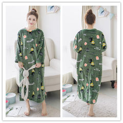 Korean female coral fleece Nightgown in autumn and winter long cartoon thick flannel pajamas female long sleeved clothing Home Furnishing Hint: each style has pockets Blackish green