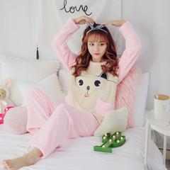 Autumn and winter, coral velvet pajamas, female students, fresh cartoon long sleeve suit, thickening flannel household clothes XXL code [suggestion 135-155 Jin] Orange