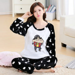 In autumn and winter, thickening, adding fertilizer, increasing code cotton, flannel pajamas, women's suit, 200 pounds fat mm coral velvet home clothes XL (120-135 Jin) Black and white crayon