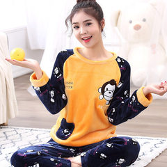 In autumn and winter, thickening, adding fertilizer, increasing code cotton, flannel pajamas, women's suit, 200 pounds fat mm coral velvet home clothes XL (120-135 Jin) Lemon yellow