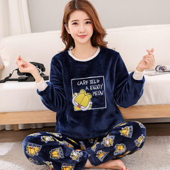 In autumn and winter, thickening, adding fertilizer, increasing code cotton, flannel pajamas, women's suit, 200 pounds fat mm coral velvet home clothes XL (120-135 Jin) Navy Blue