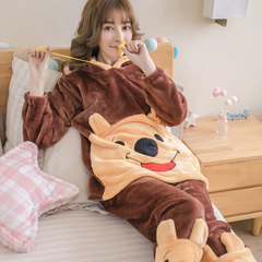 In autumn and winter, thickening, adding fertilizer, increasing code cotton, flannel pajamas, women's suit, 200 pounds fat mm coral velvet home clothes XL (120-135 Jin) Winnie the Pooh Brown
