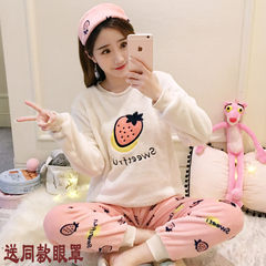 In autumn and winter, thickening, adding fertilizer, increasing code cotton, flannel pajamas, women's suit, 200 pounds fat mm coral velvet home clothes XL (120-135 Jin) Sweetheart strawberry eye patch
