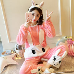 In autumn and winter, thickening, adding fertilizer, increasing code cotton, flannel pajamas, women's suit, 200 pounds fat mm coral velvet home clothes XL (120-135 Jin) Rabbit neck