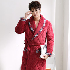 Mens winter winter long Nightgown Pajamas with thickened male cashmere young coral fleece quilted bathrobe warm men 170 (L) Q8015 red