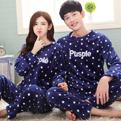 Autumn and winter Korean couple thickening flannel pajamas lady winter coral velvet long sleeve cartoon men's suit Male paragraph: XL Velvet alphabet star