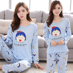 Summer long sleeve thin cotton ladies pajamas, spring fat mm add fertilizer, increase code 200 Jin loose home suit set M [80-100 Jin] blue