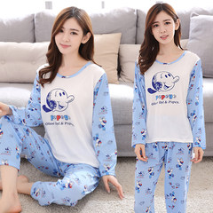 Summer long sleeve thin cotton ladies pajamas, spring fat mm add fertilizer, increase code 200 Jin loose home suit set M [80-100 Jin] 907 sailors