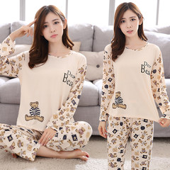 Summer long sleeve thin cotton ladies pajamas, spring fat mm add fertilizer, increase code 200 Jin loose home suit set M [80-100 Jin] 903 Beige bear