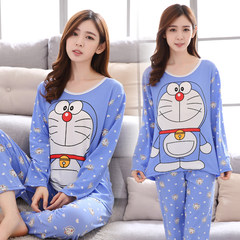 Summer long sleeve thin cotton ladies pajamas, spring fat mm add fertilizer, increase code 200 Jin loose home suit set M [80-100 Jin] 804 jingle cats