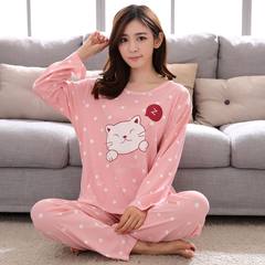 Summer long sleeve thin cotton ladies pajamas, spring fat mm add fertilizer, increase code 200 Jin loose home suit set M [80-100 Jin] 902 dot cat