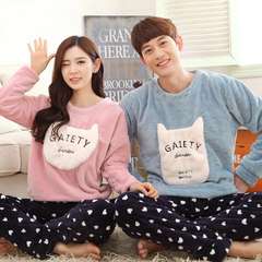 Autumn and winter thick long sleeved pajamas Korean couple flannel cute cartoon and coral velvet suit Home Furnishing Female paragraph: M code Pink love bear flannel
