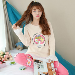 Female students fall pajamas cotton long sleeved autumn Korean cartoon sweet lady suit and fresh thin M [comfort and softness] 1922 powder