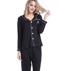 Pajamas female autumn long sleeved suit Home Furnishing modal couple shirt collar cotton and thin black clothes on M (100-120 wearable) black