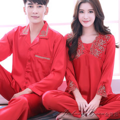 Spring and summer wedding gown long sleeved silk pajamas ms.man new wedding red two suit silk L code (husband) 8801 red couples