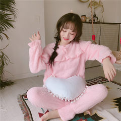 Heavy coral velvet pajamas female autumn and winter sweet and lovely students, flannel big size home suit tide M 7539 Pink