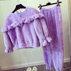 Heavy coral velvet pajamas female autumn and winter sweet and lovely students, flannel big size home suit tide M Violet