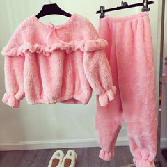 Heavy coral velvet pajamas female autumn and winter sweet and lovely students, flannel big size home suit tide M Pink