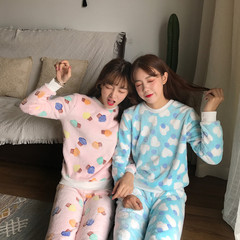 Heavy coral velvet pajamas female autumn and winter sweet and lovely students, flannel big size home suit tide M 6977 pink mushroom