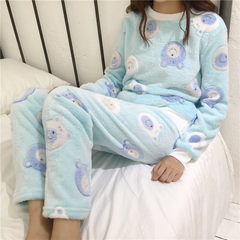 Heavy coral velvet pajamas female autumn and winter sweet and lovely students, flannel big size home suit tide M Lake blue
